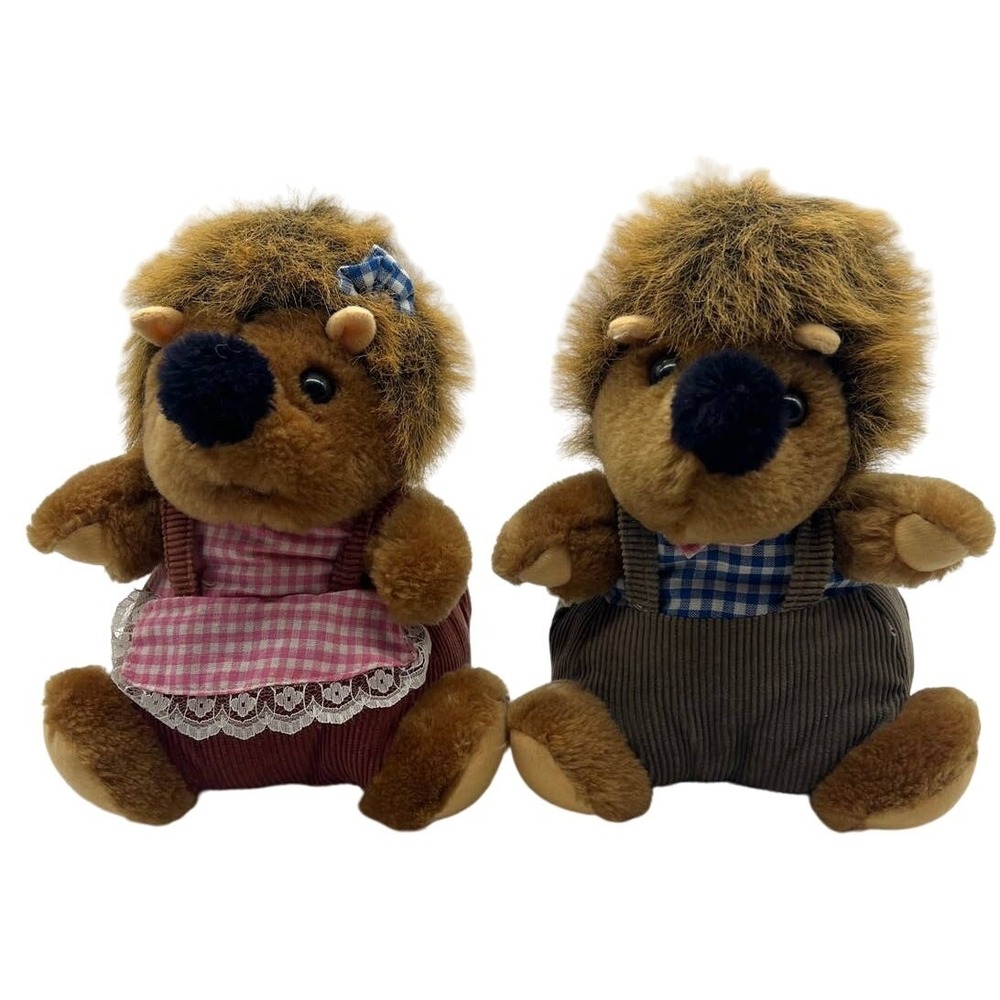 Vintage Hedgehog Plush Pair Boy Girl Gingham Corduroy Outfits Set of 2 Toy
